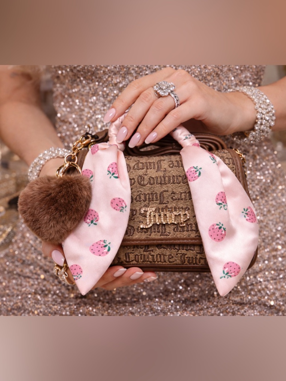 RARE! Juicy Couture Crossbody Set‎ Chestnut Chino Strawberry Scarf Pom Charm NWT